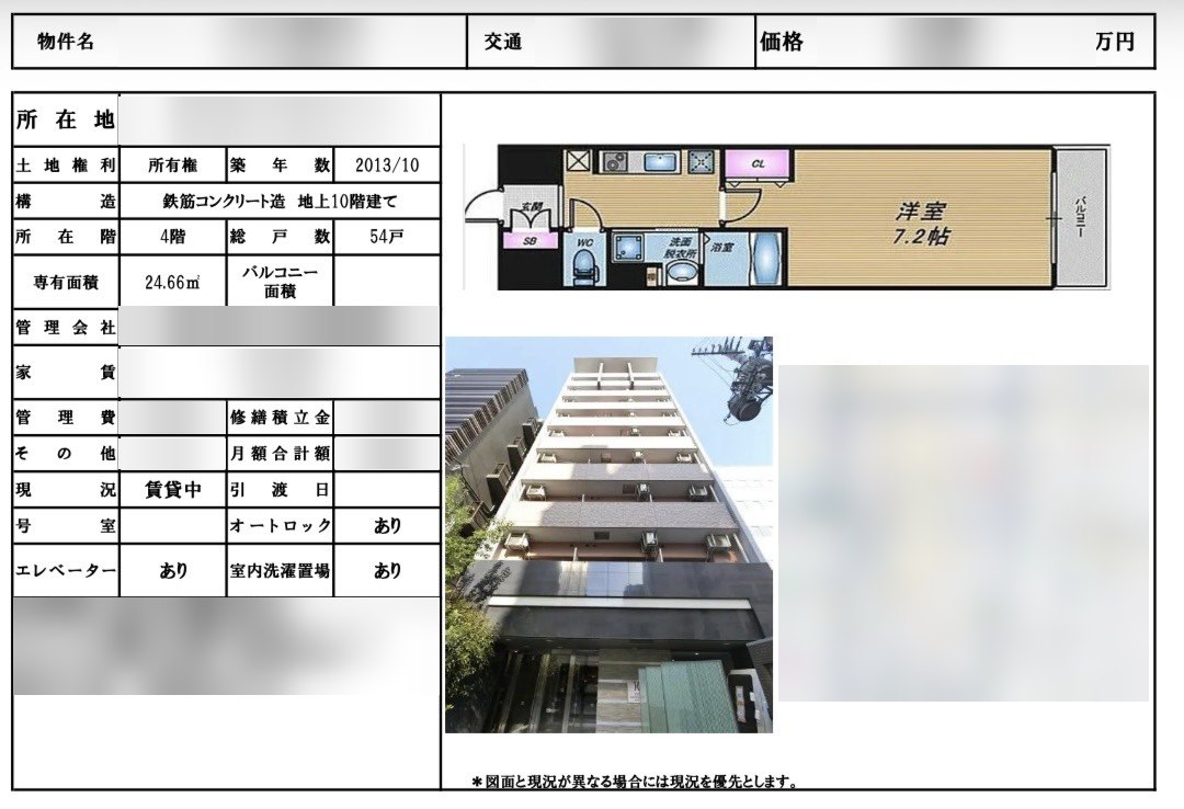 物件資料の例1(物件名・所在地・価格・家賃は伏せています)