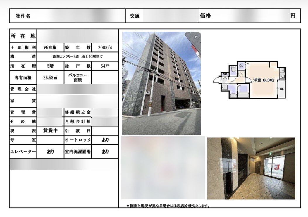 物件資料の例2(物件名・所在地・価格・家賃は伏せています)