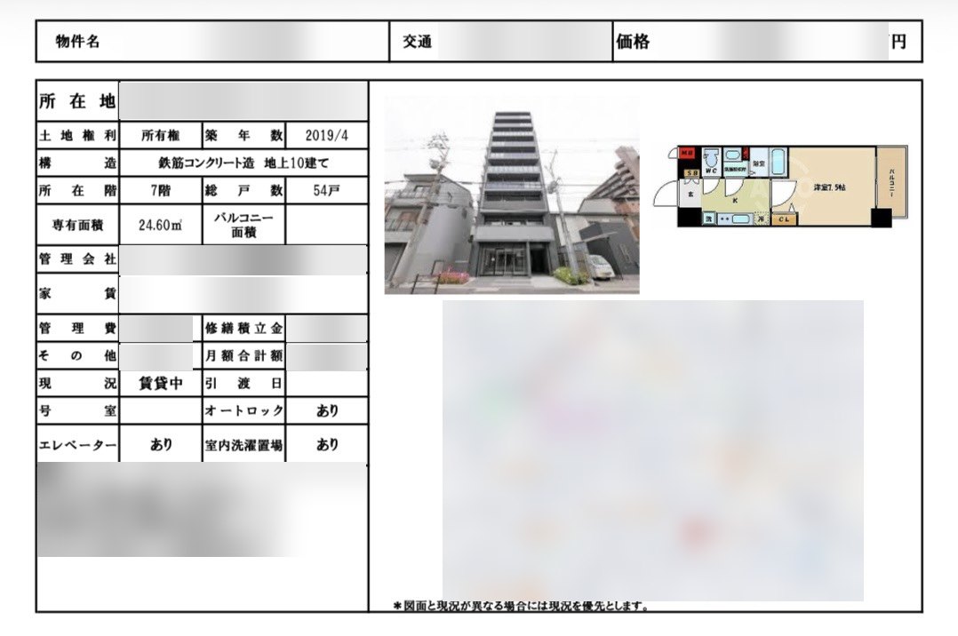 物件資料の例3(物件名・所在地・価格・家賃は伏せています)